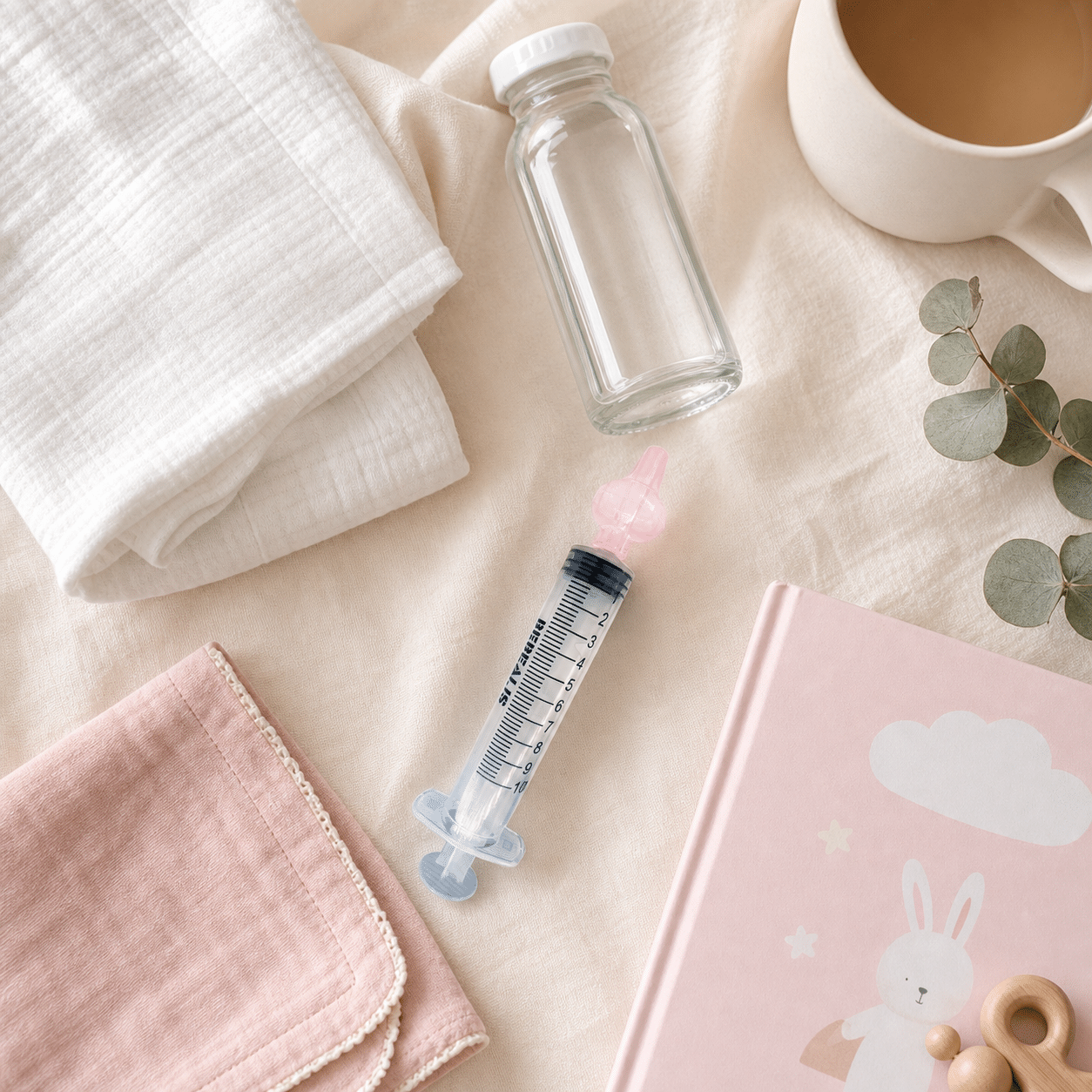 Lavage nasal bébé avec seringue Bébéalis et sérum physiologique, bébé allongé sur le côté