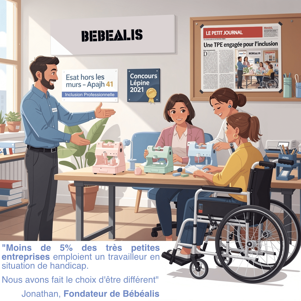 Jonathan, fondateur de Bébéalis, accueille trois travailleuses en situation de handicap dans l'atelier de fabrication des cache-prises à Villebarou (41), partenariat ESAT hors les murs Apajh 41 — Médaille d'Argent Concours Lépine Paris 2021