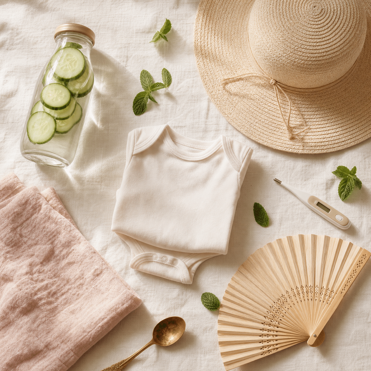 Coup de chaleur bébé : kit de prévention estival avec eau, chapeau et vêtements légers