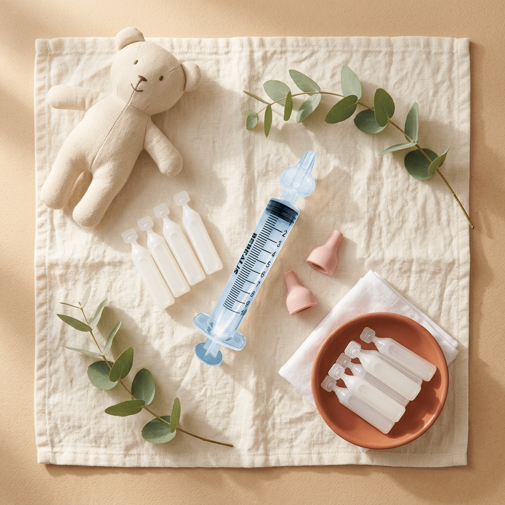 Lavage nasal bébé au sérum physiologique avec seringue nasale et dosettes stériles