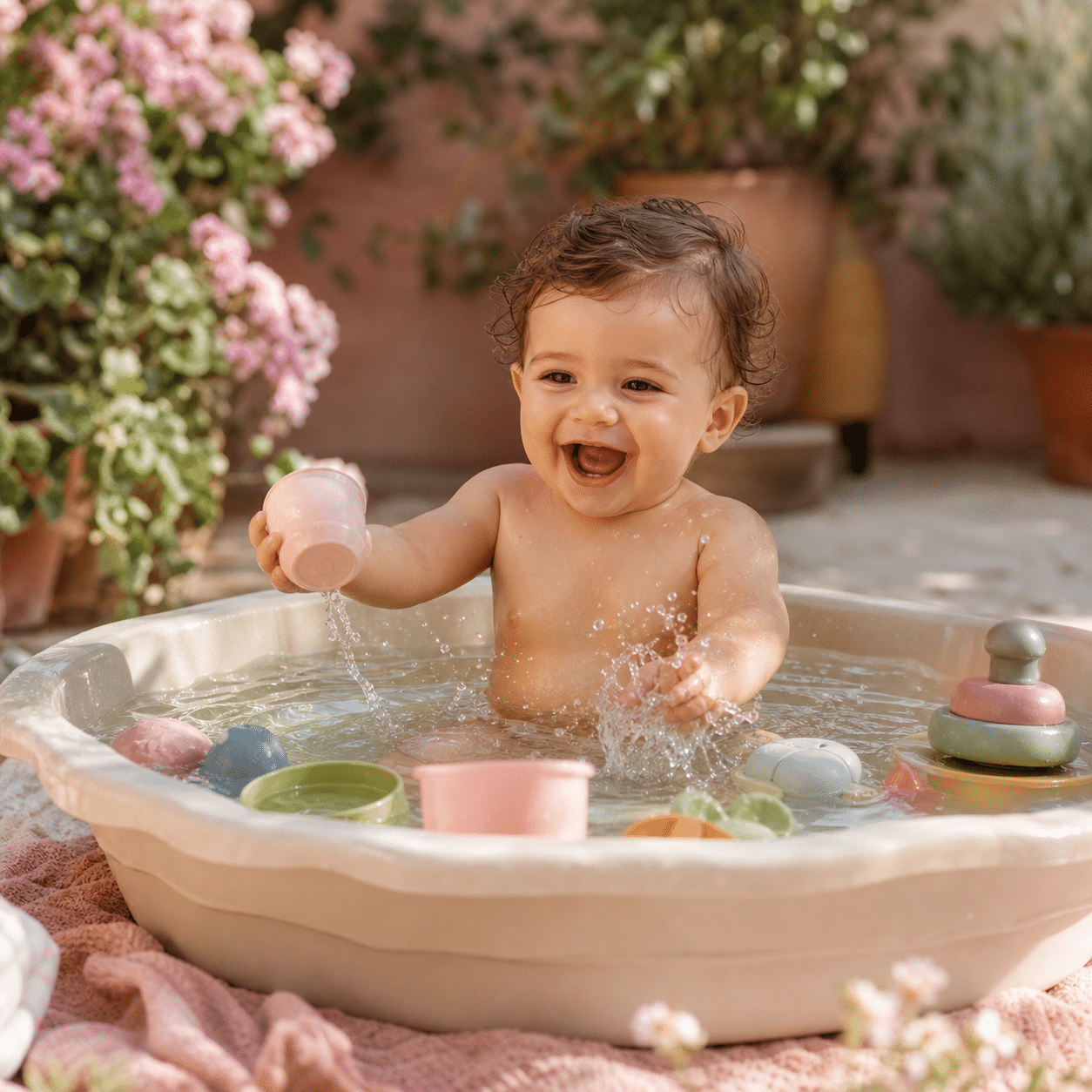 eux d'eau bébé en été — tout-petit qui joue avec de l'eau dans une bassine à l'ombre