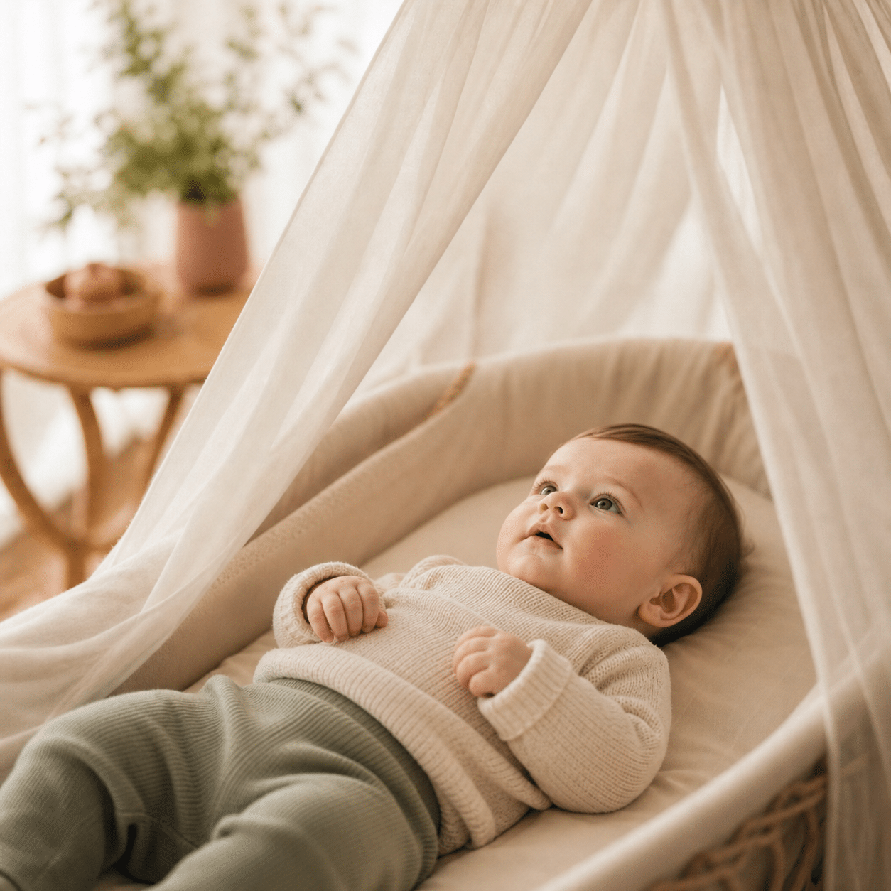 Piqûre moustique bébé — nourrisson protégé sous une moustiquaire de berceau en été