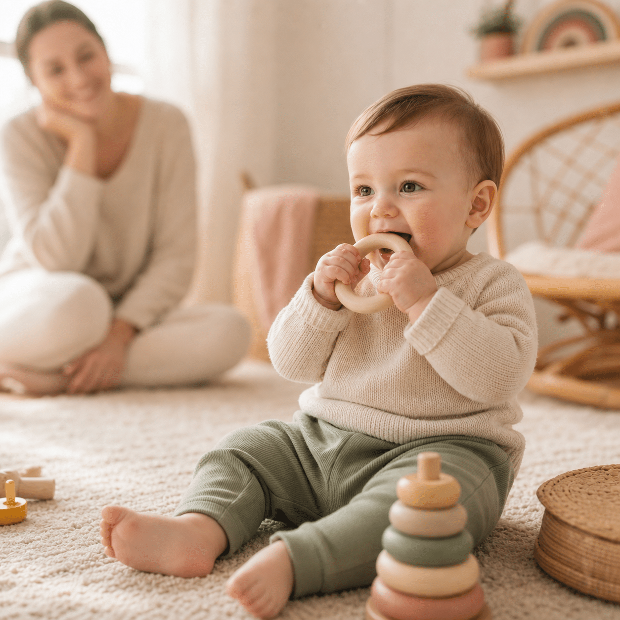 Poussée dentaire bébé — nourrisson mordillant un anneau de dentition